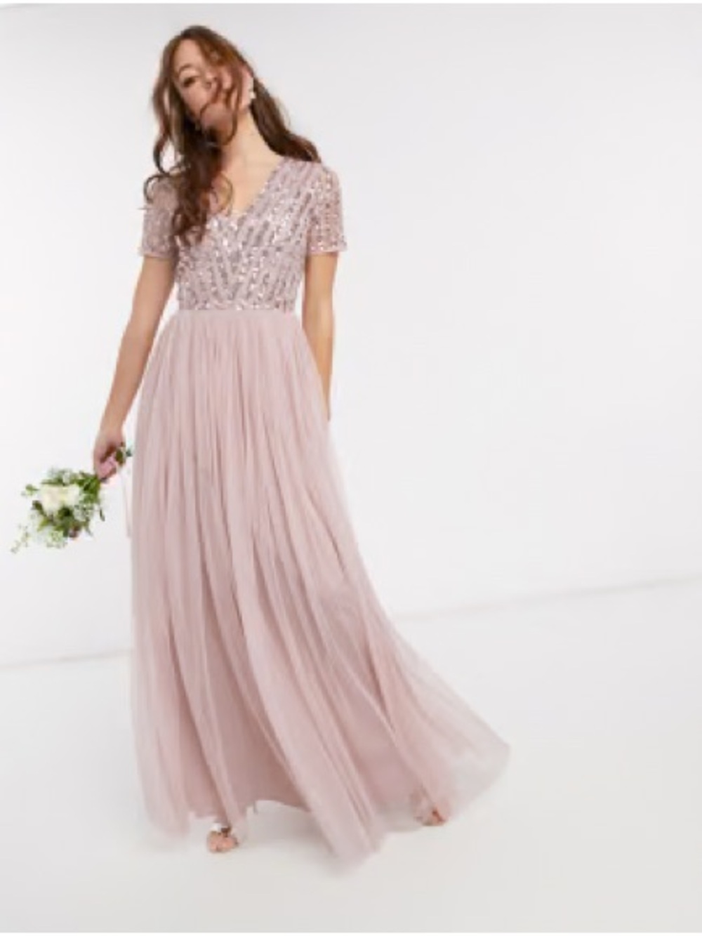 Blush Pink Embellished V-Neck Tulle Evening Dress